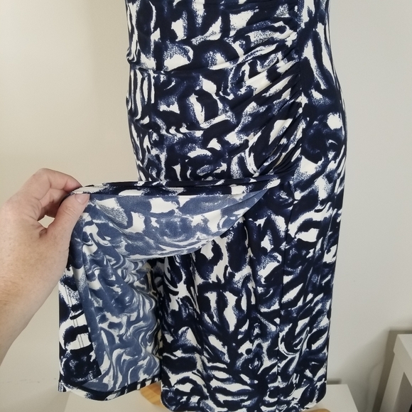 NWT Lauren Ralph Lauren Navy Print Stretch Sheath Dress Side Ruched Cap Sleeve 8 - Picture 9 of 15